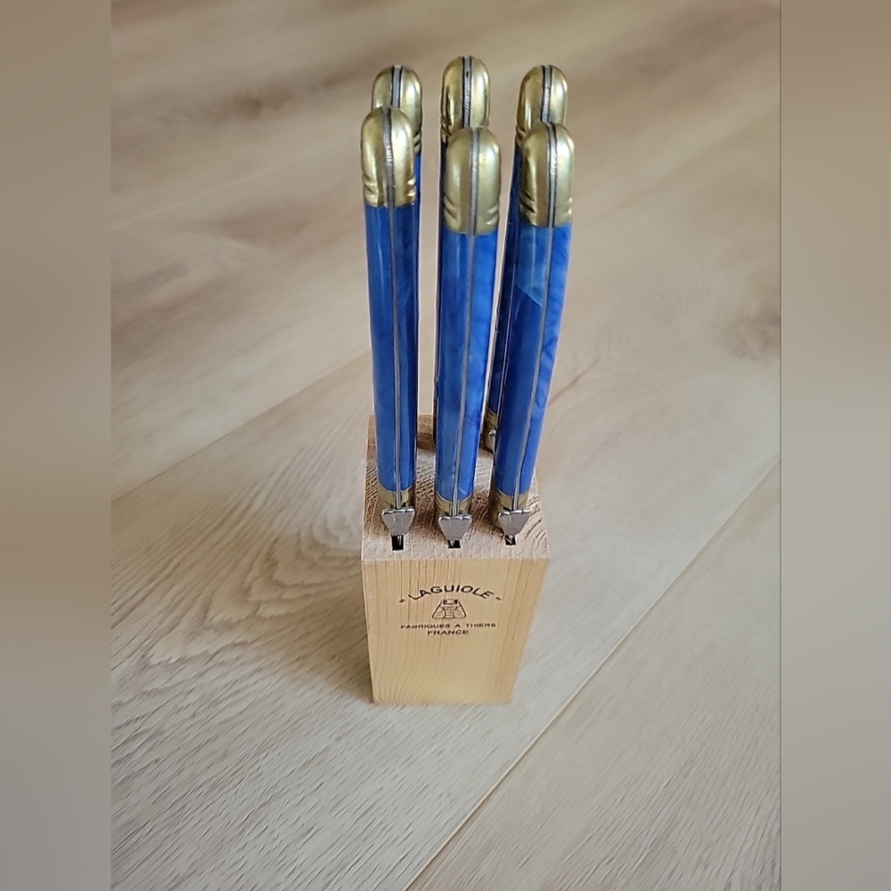 Vintage Laguiole Blue and Gold Knife Set Of 6 with Block